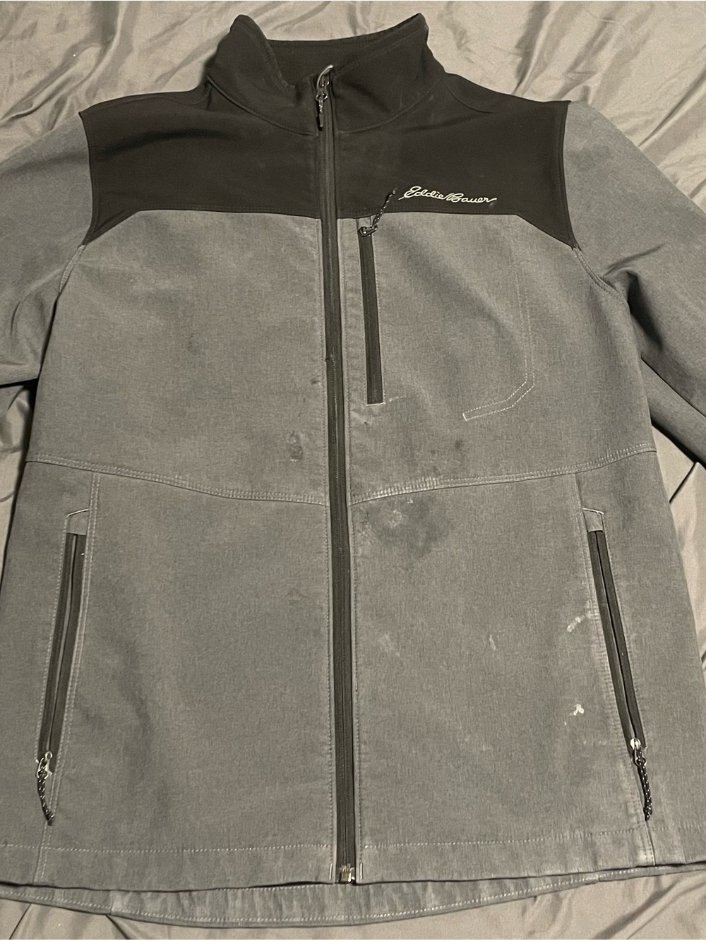 Eddie Bauer Men’s Medium Gray Black Softshell Full Zip Jacket Coat